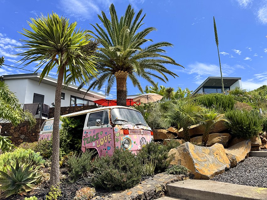Bemalter VW-Bus im Garten zwischen Palmen und Lavasteinen