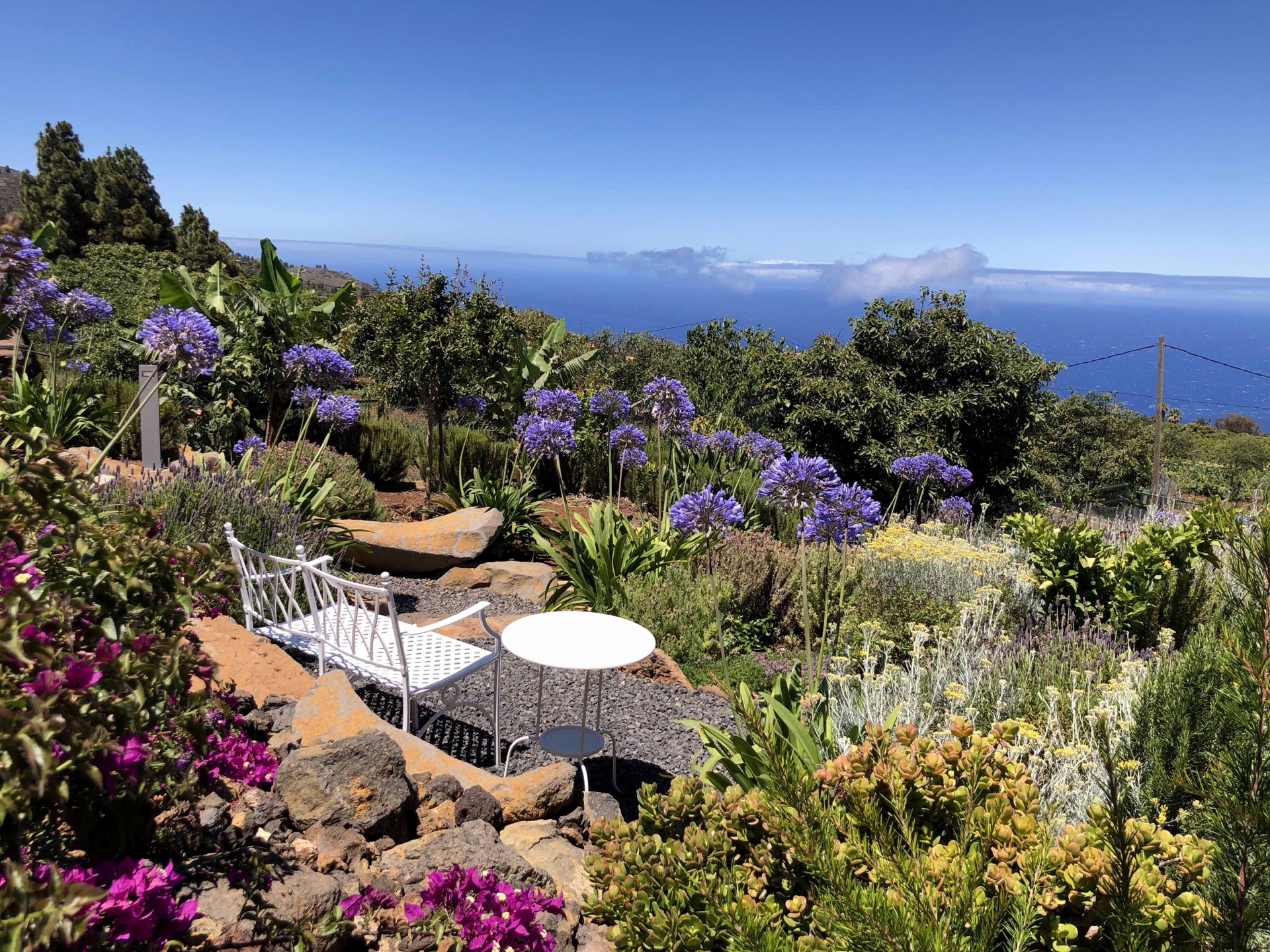 Jardín en flor con banco y vista al Atlántico